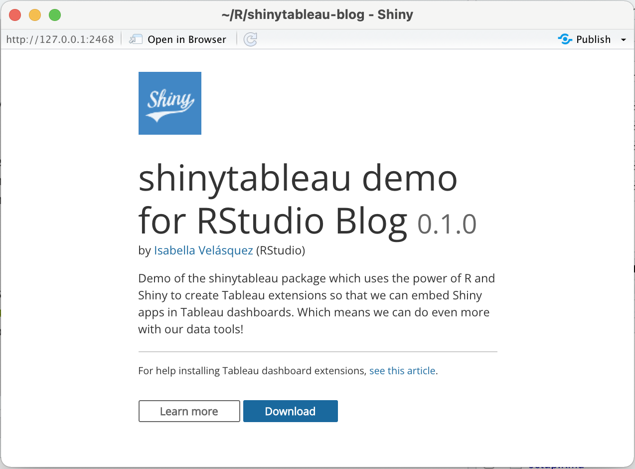 Dialogue box for the shinytableau extension where you can downlown the .trex file
