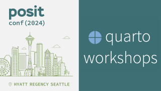 posit::conf(2024) iconography including Seattle skyline on the left and the words 'Quarto workshops' on the right.