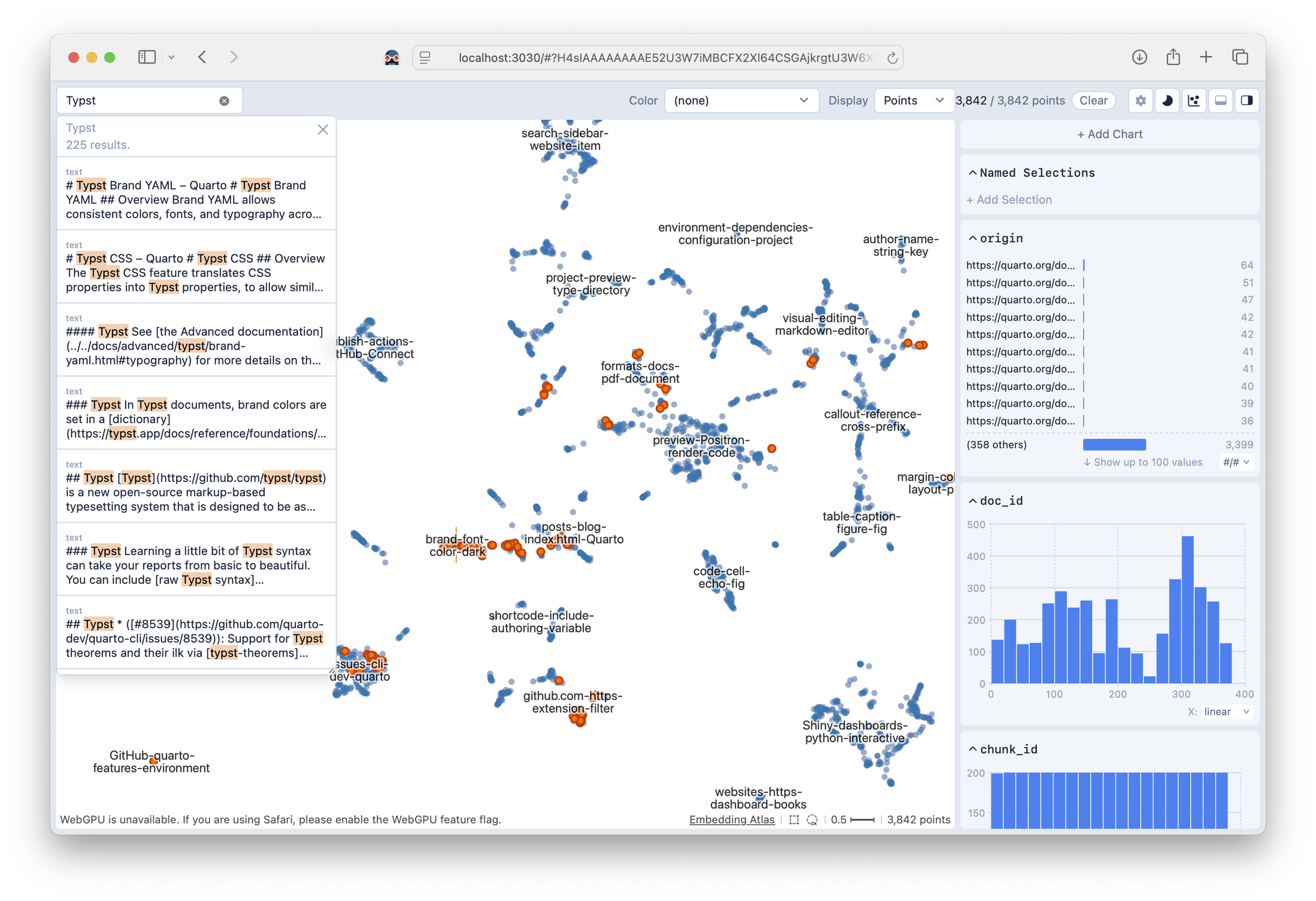 An embedding atlas view of a ragnar store, with query highlighting and metadata filters.