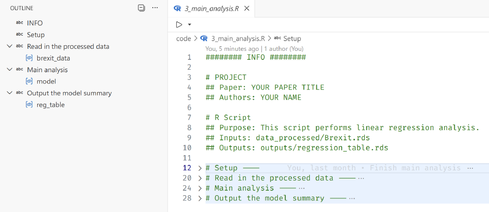 Diagram of a structured reproducible research project layout with folders for data, code, and manuscript
